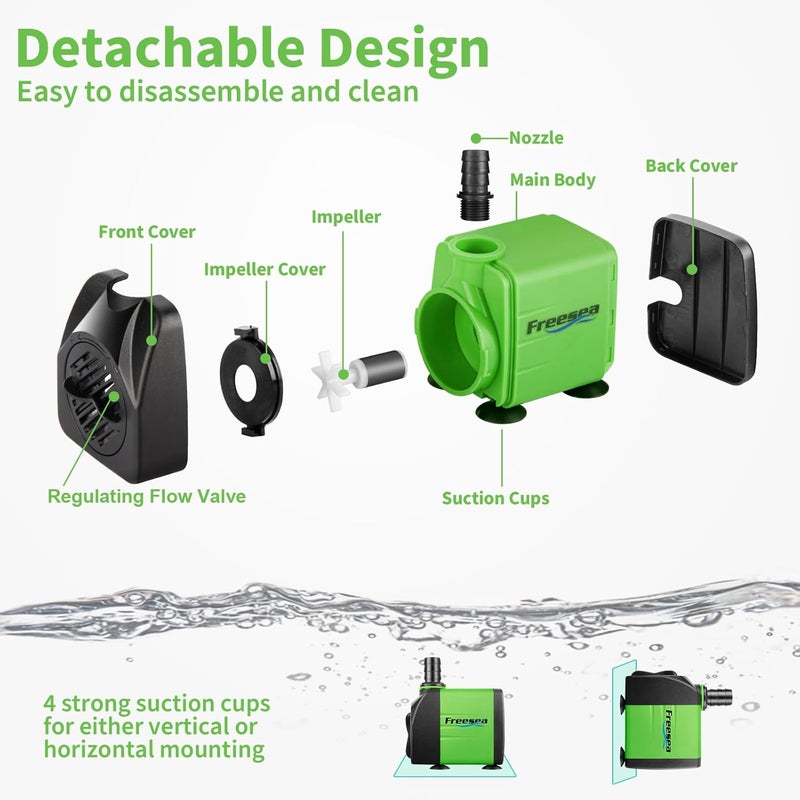 FREESEA Submersible Aquarium Fountain Pump: 400GPH 25W Adjustable Ultra Quiet Small Fish Tank Water Pump with 5ft Tubing for Outdoor | Pond | Hydroponic | Waterfall - Image 4